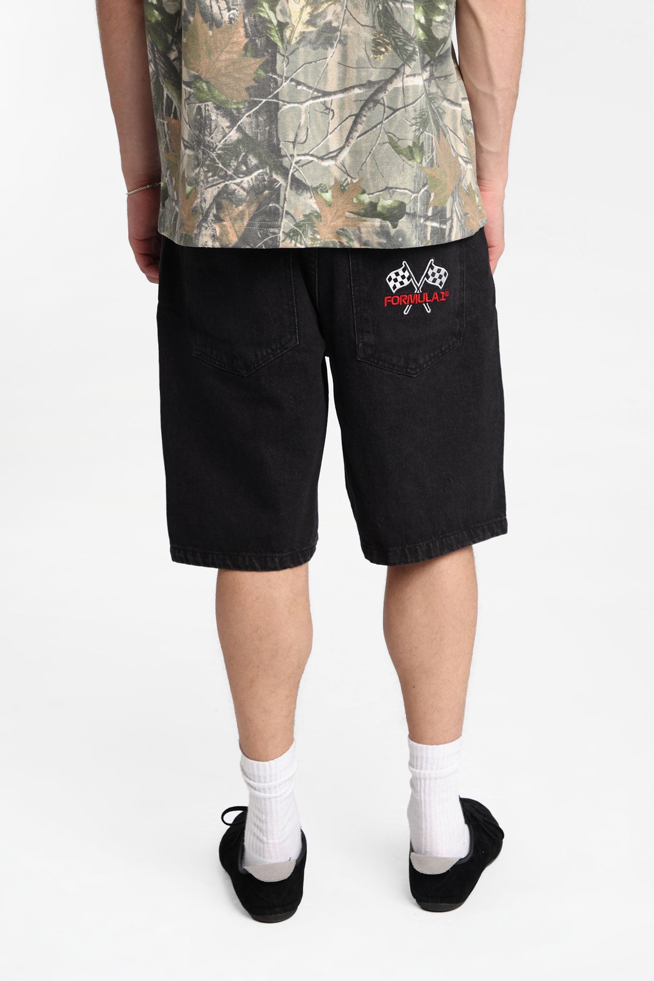 F1 Embroidered Patch Loose Denim Shorts