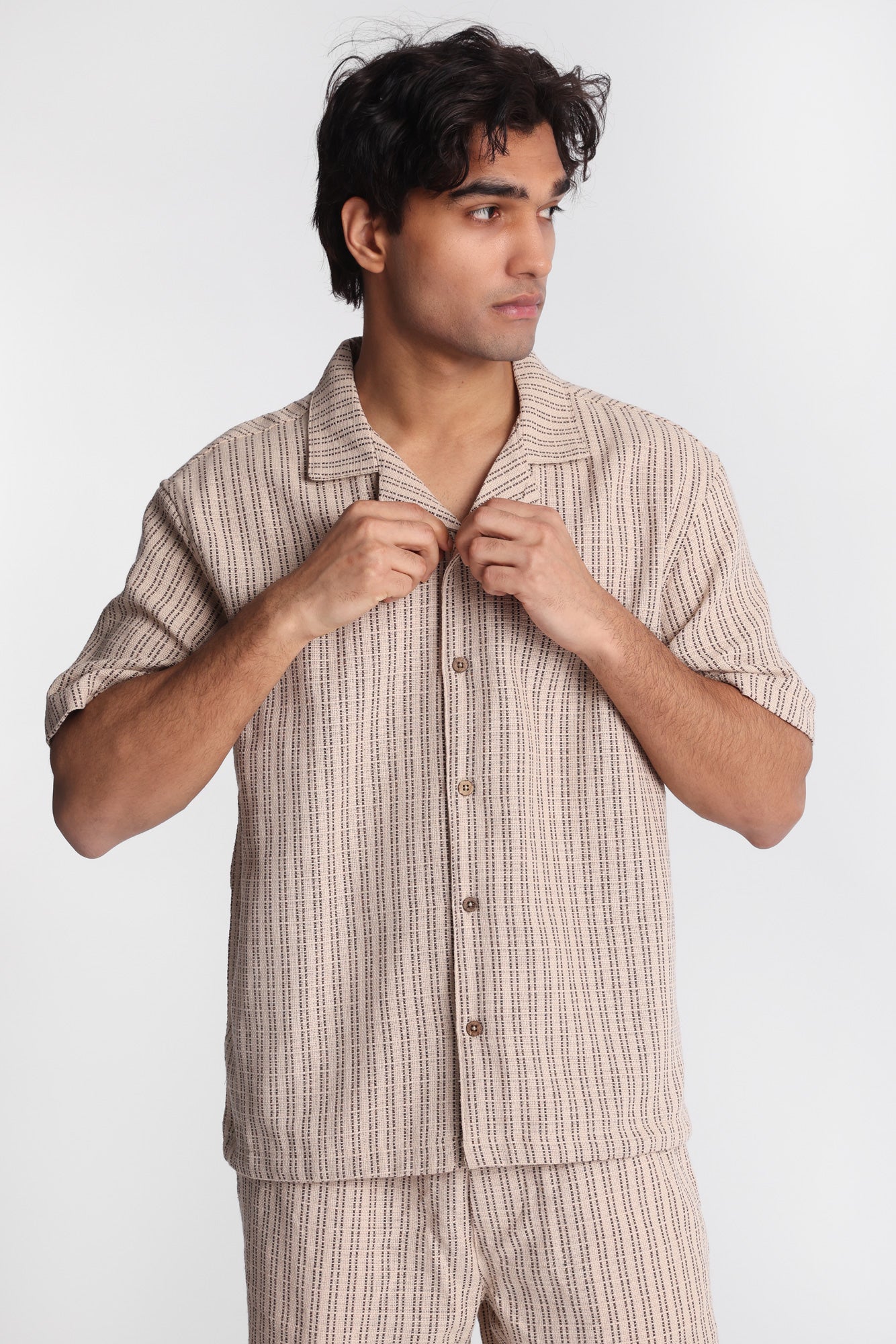 Textured Striped Knit Short Sleeve Shirt