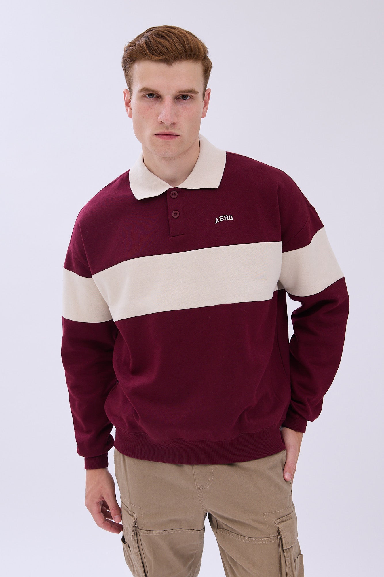 AERO Embroidered Colour Block Long Sleeve Polo