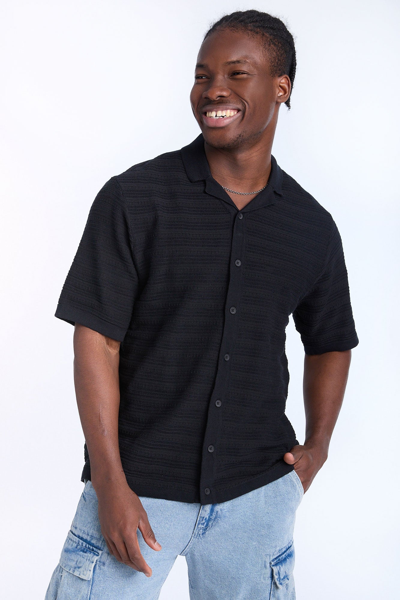 Ribbed Textured Sweater Knit Short Sleeve Shirt