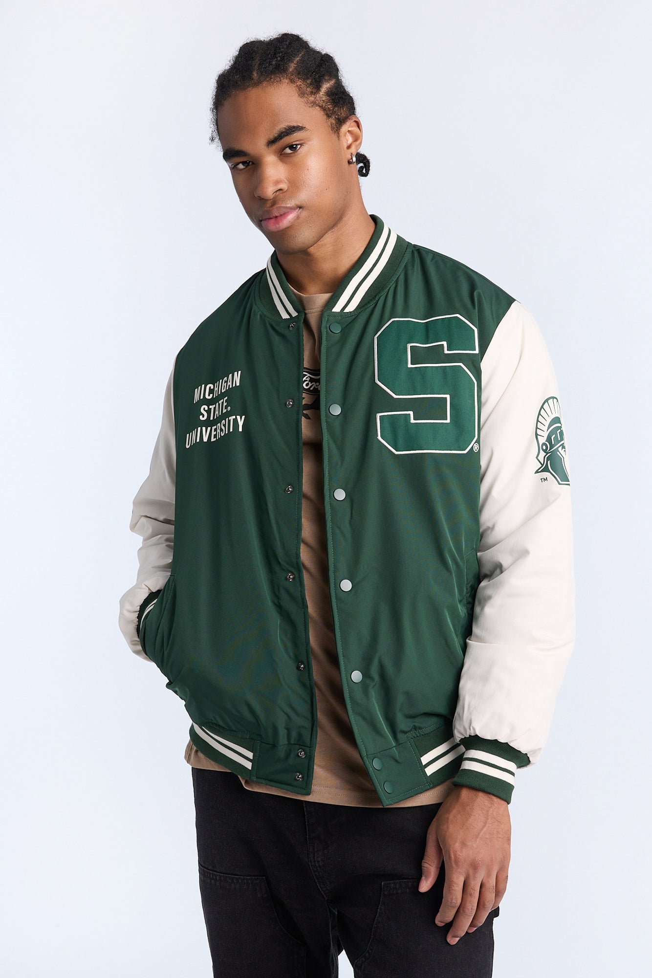 Blouson universitaire boutonne?e a? l'avant imprime? graphique Michigan State University