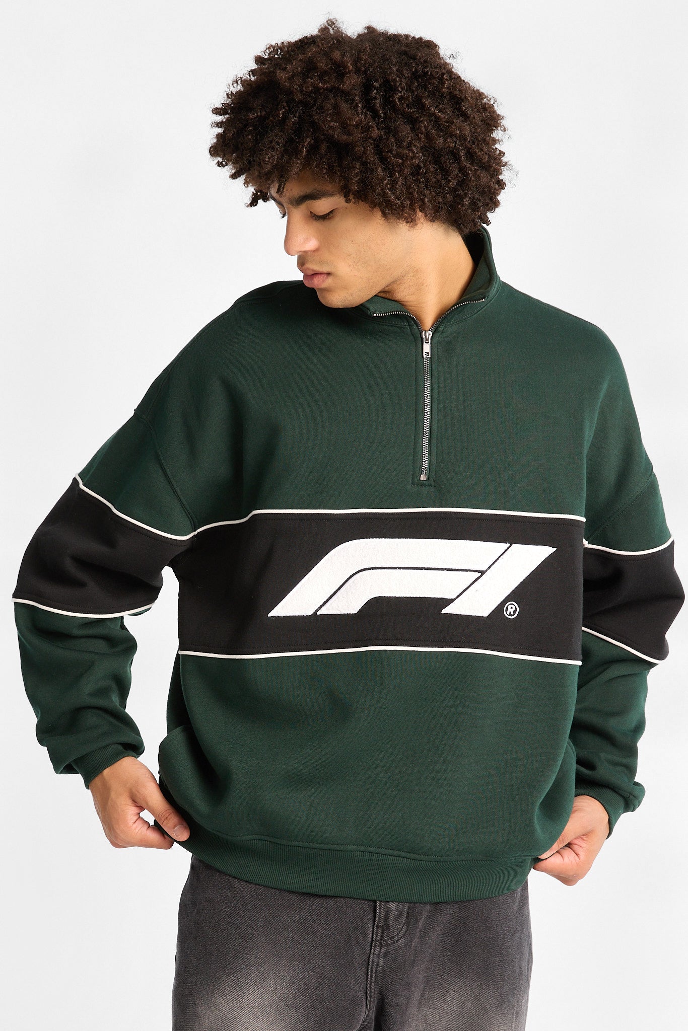Chandail en coton molletonné à quart de glissière bloc couleurs graphique Formula 1