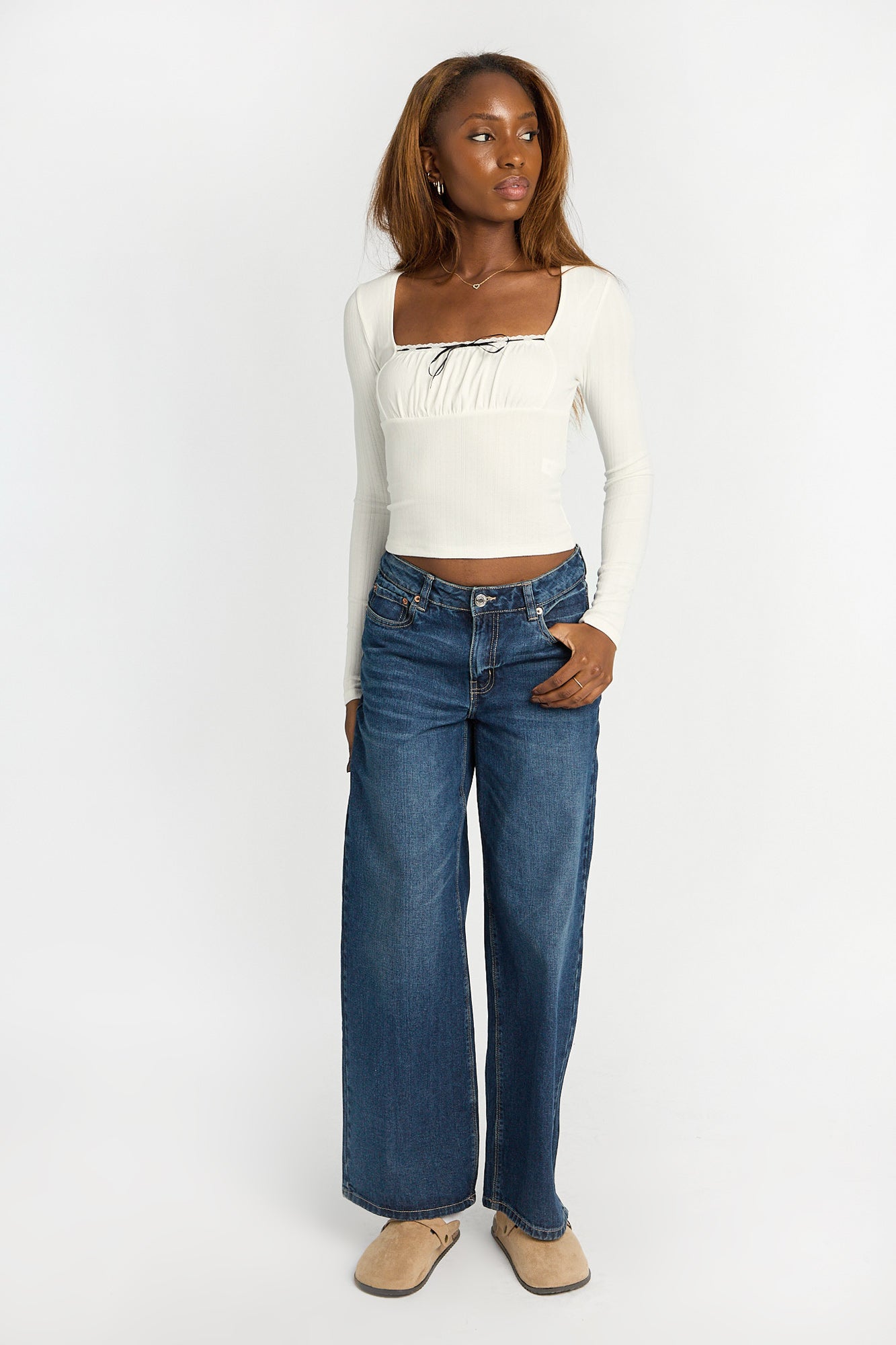 Haut en tricot pointelle à col carré ruché manches longues AERO