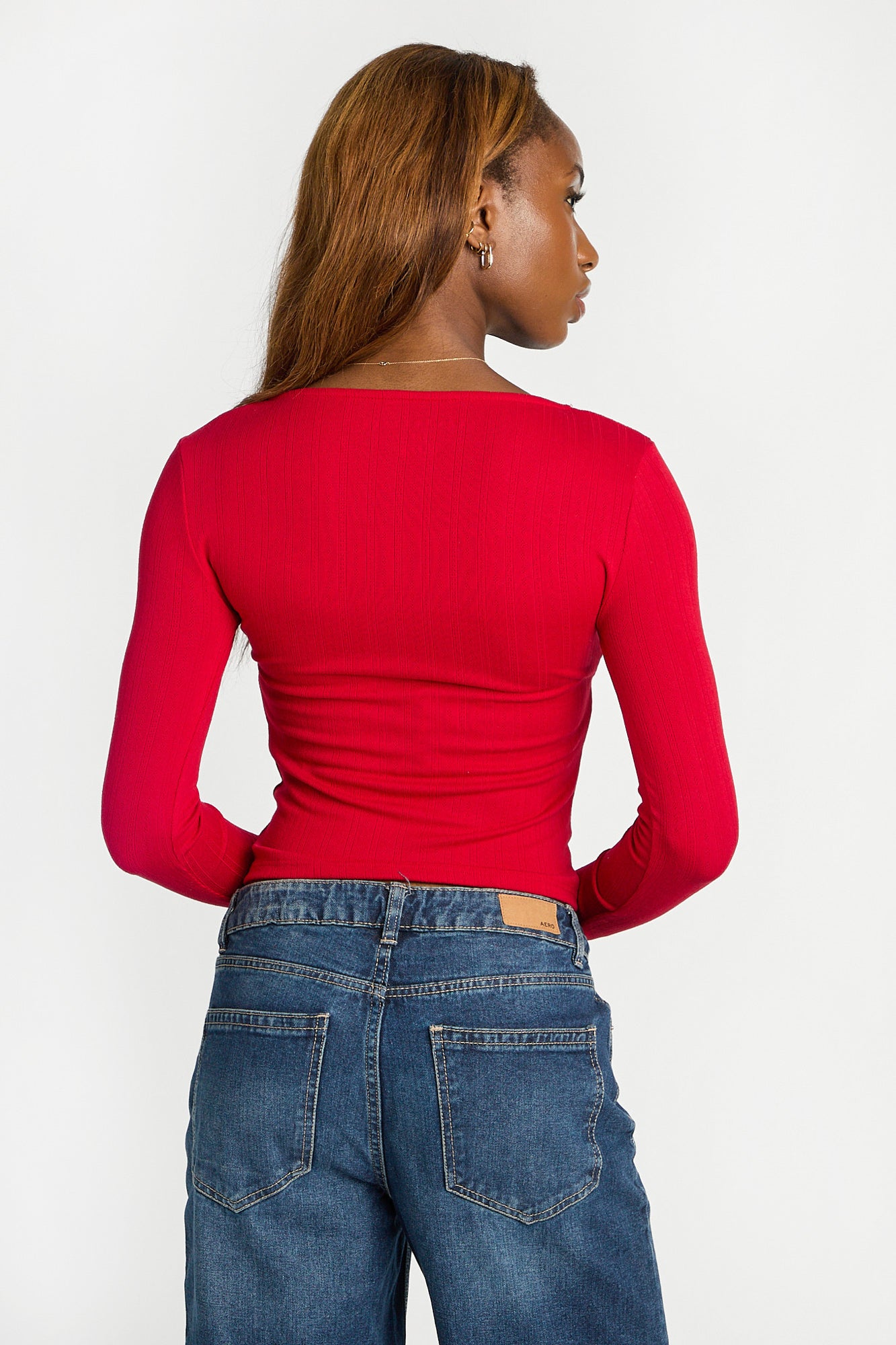 Haut en tricot pointelle à col carré ruché manches longues AERO