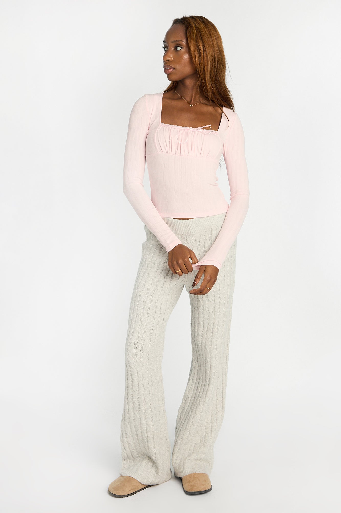 AERO Pointelle Knit Long Sleeve Ruched Square Neck Top
