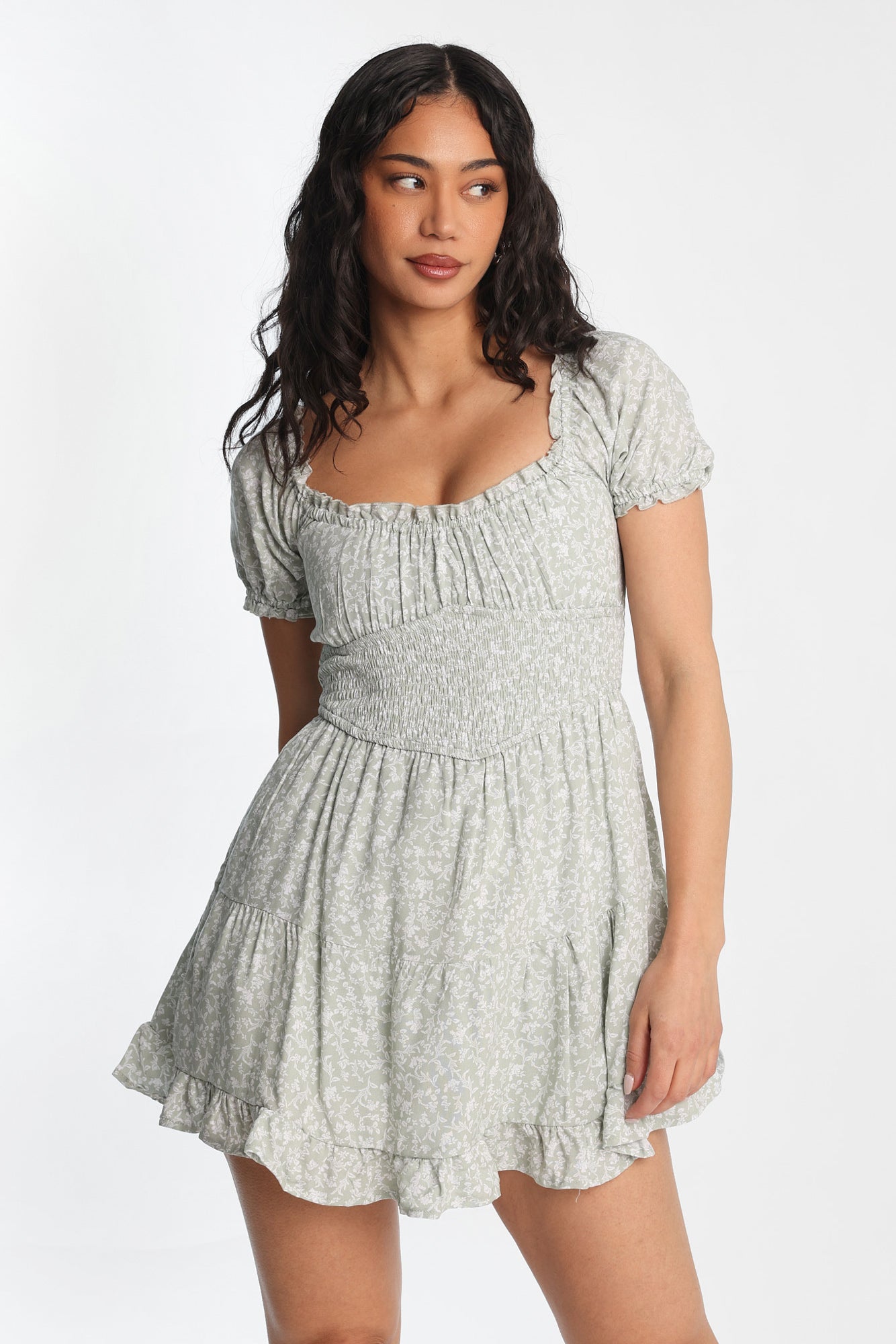 AERO Scoop Neck Fit & Flare Smocked Mini Dress