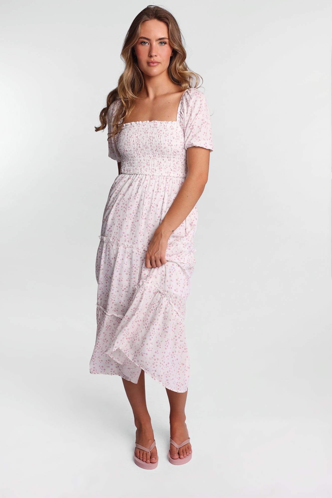 AERO Short Sleeve Smocked Tiered Midi Dress