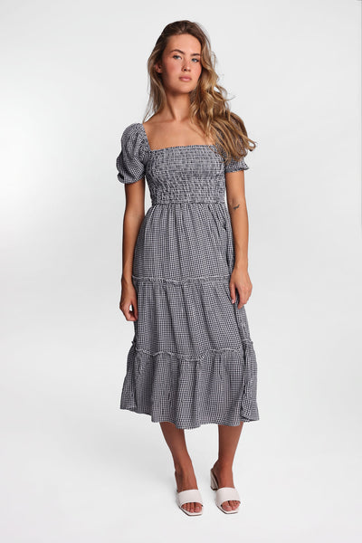 aero midi dress AERO Short Sleeve Smocked Tiered Midi Dress – Bluenotes