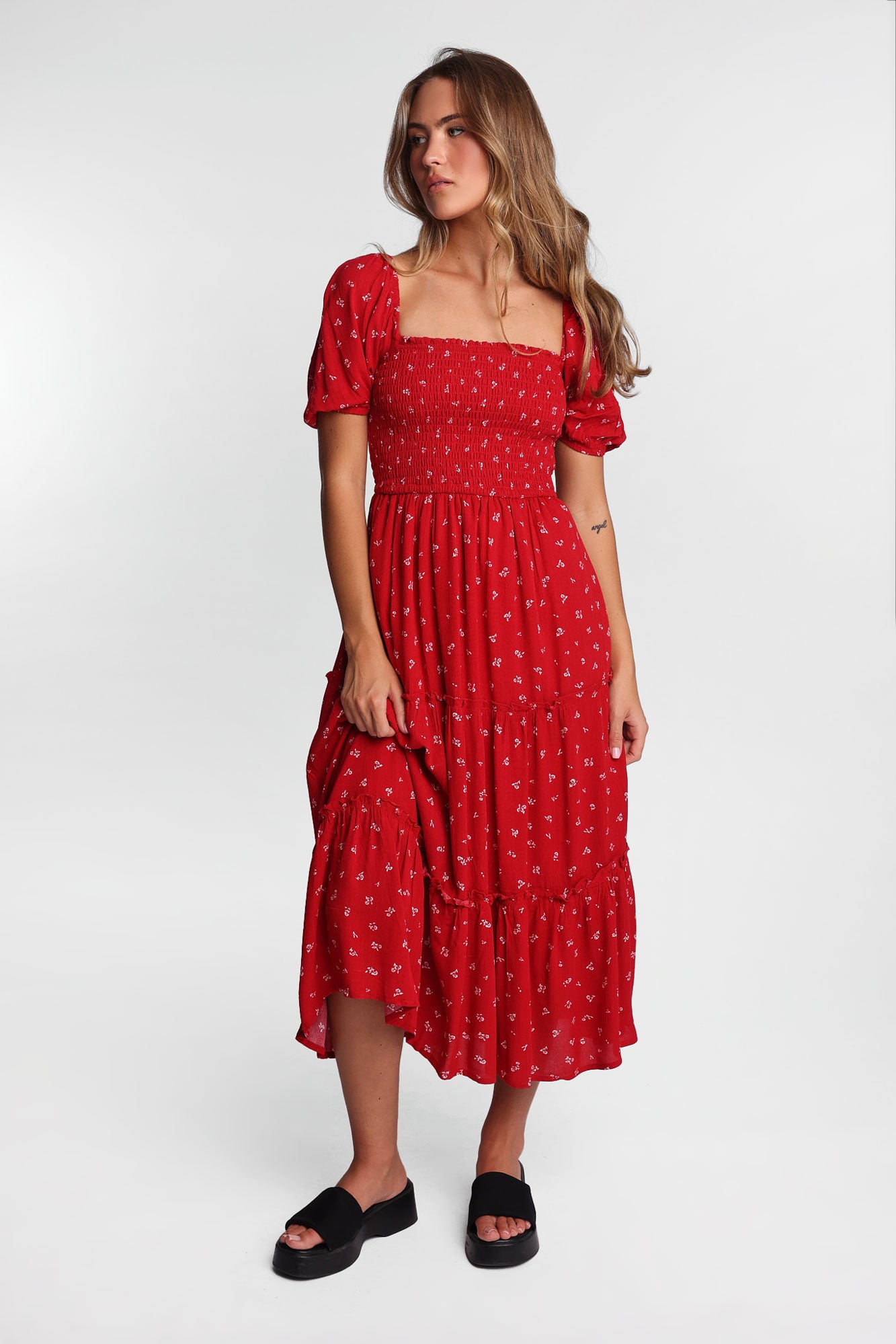 AERO Short Sleeve Smocked Tiered Midi Dress