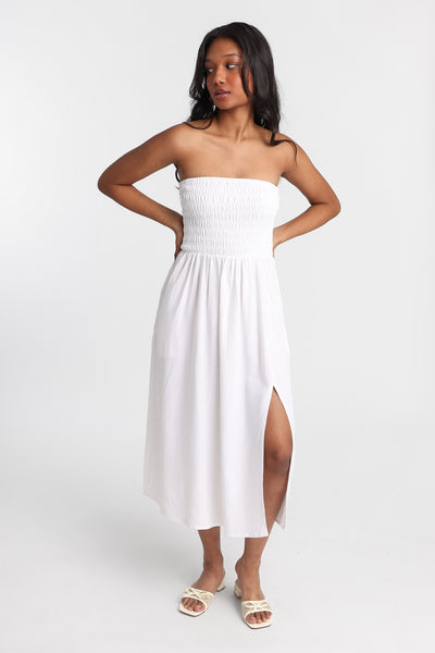 white linen strapless midi dress AERO Linen-Blend Strapless Midi Dress – Bluenotes