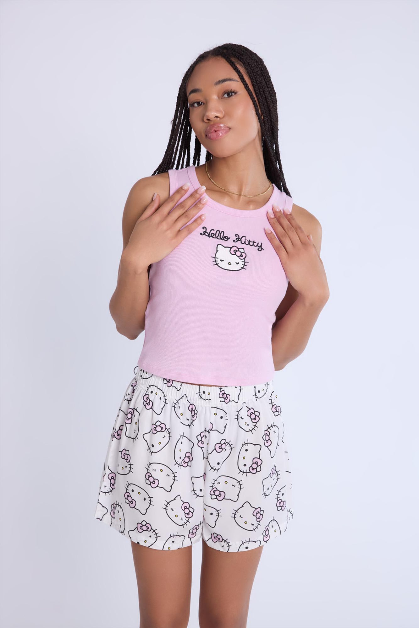 Hello Kitty Embroidered Pajama Tank Top And Boxer Shorts 2-Piece Set