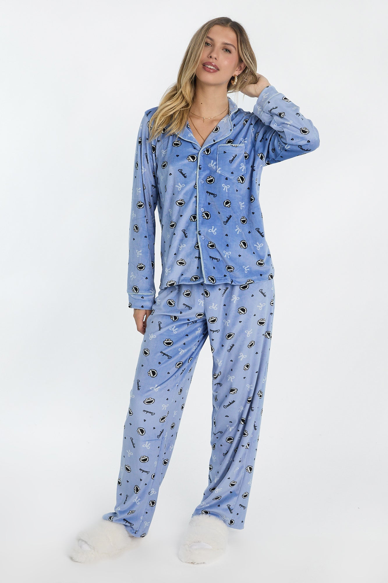 Cookie Monster Velour Pajama Dad Shirt And Pants 2-Piece Set