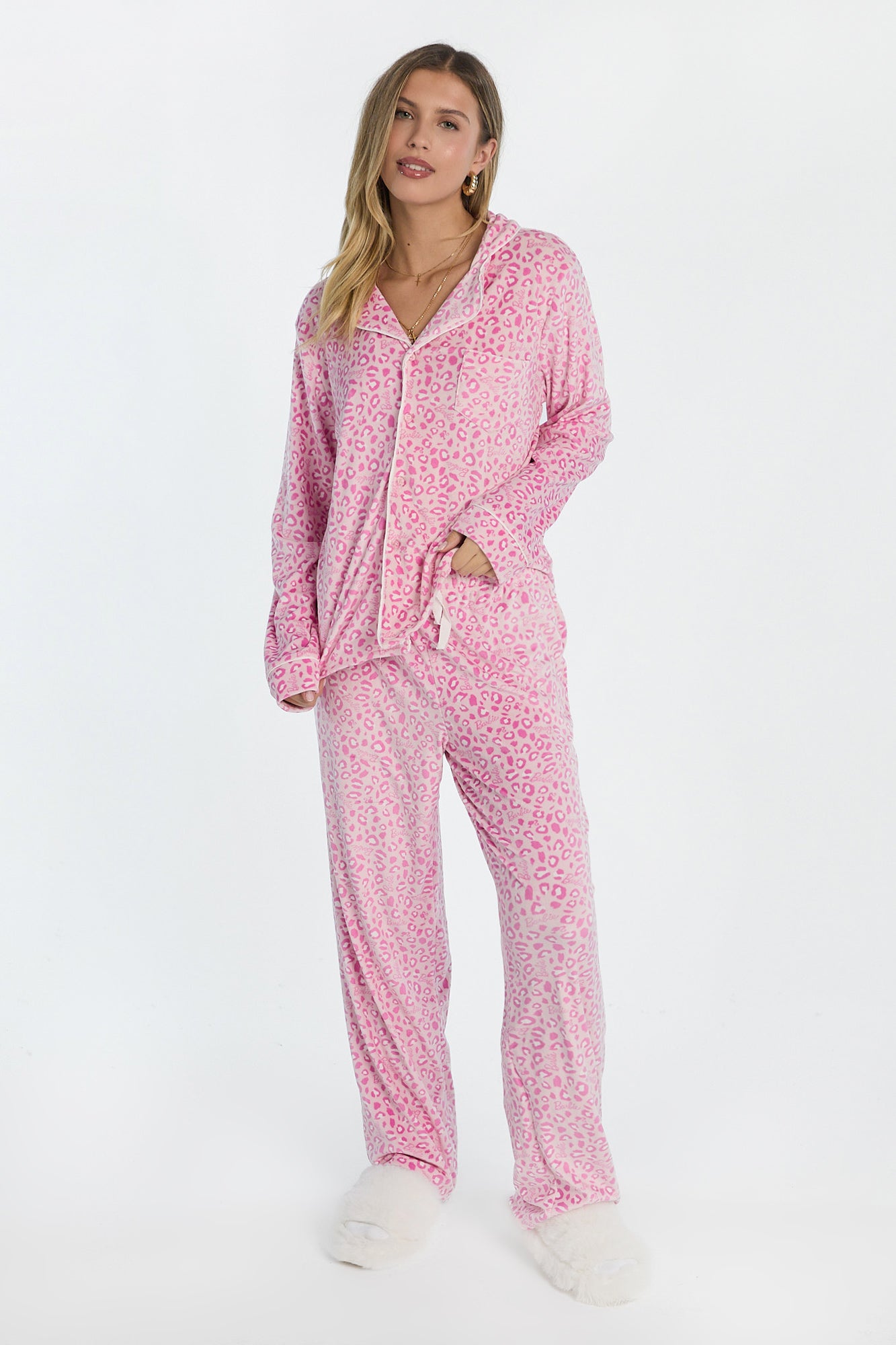 Barbie Leopard Velour Pajama Dad Shirt And Pants 2-Piece Set