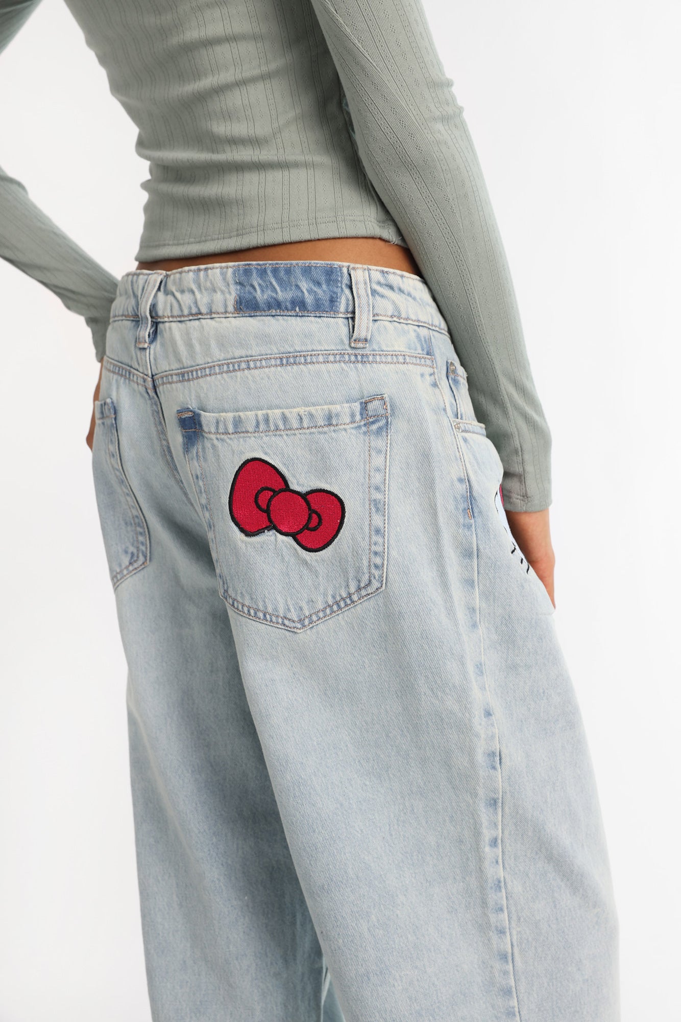 Hello Kitty Embroidered Patch Low Rise Baggy Jeans