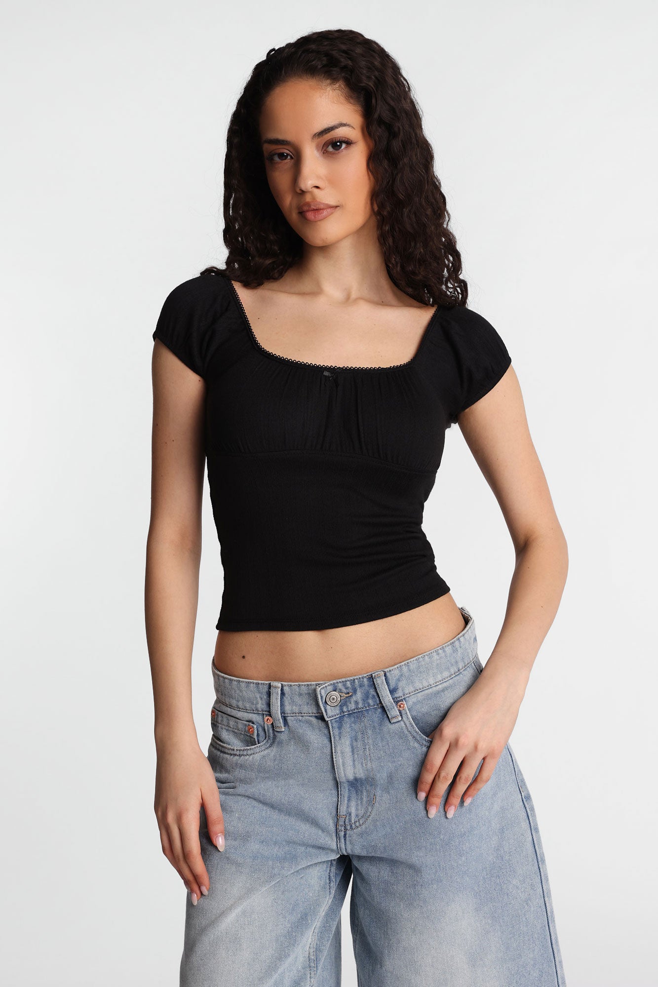 AERO Pointelle Knit Puff Sleeve Top