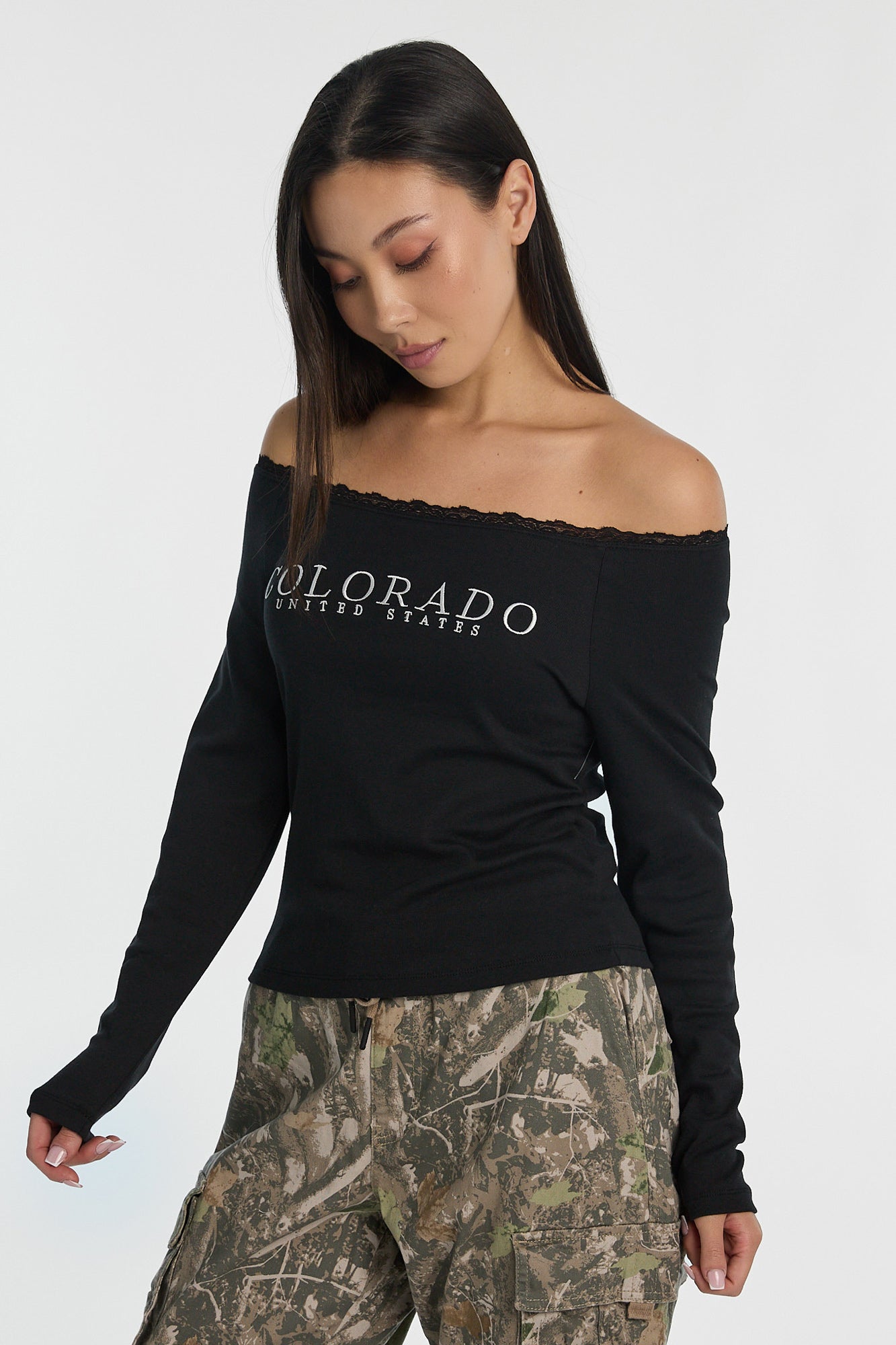 AERO Graphic Off-Shoulder Long Sleeve Lace Trim Top