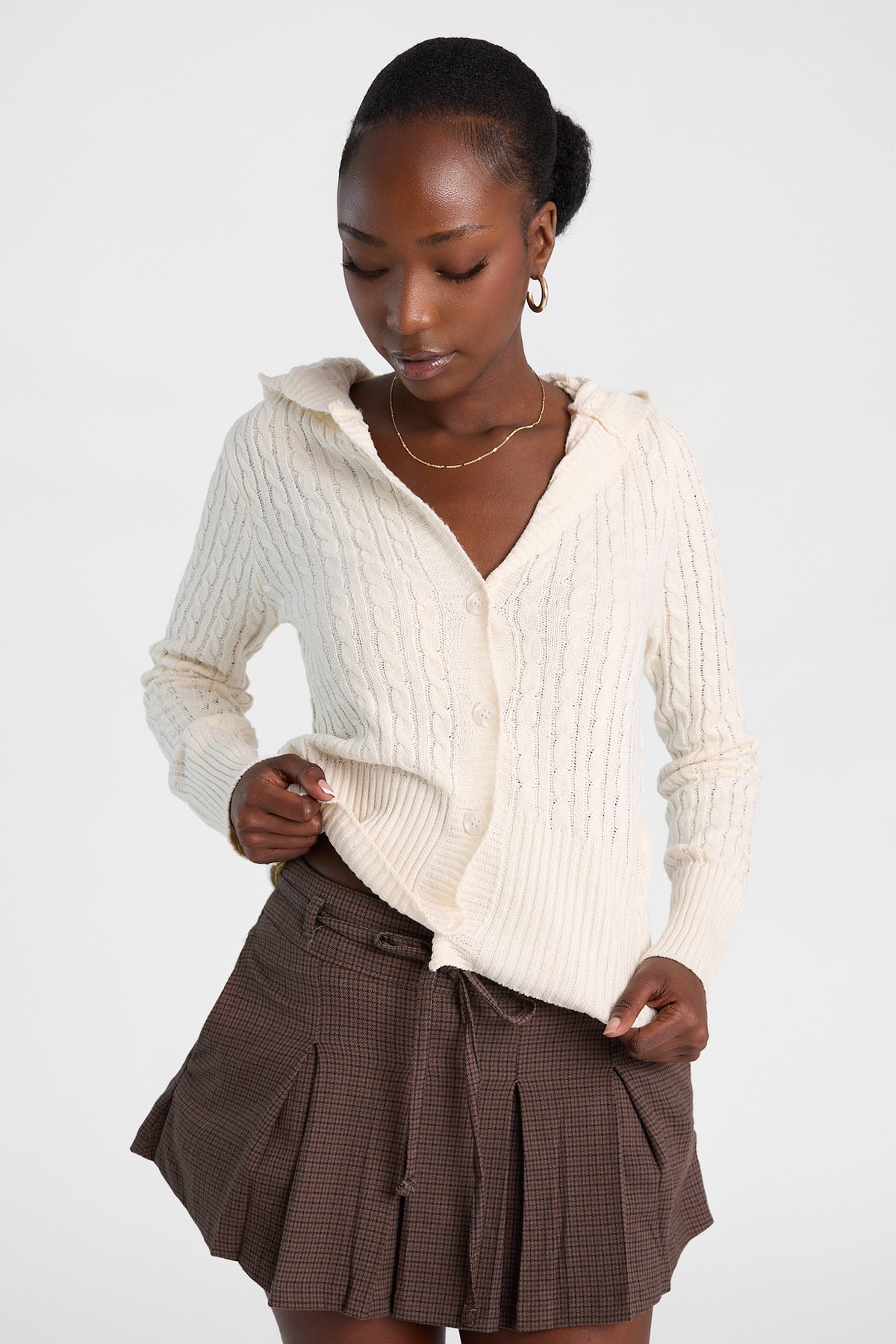 Cable Knit Button-Up Hooded Cardigan
