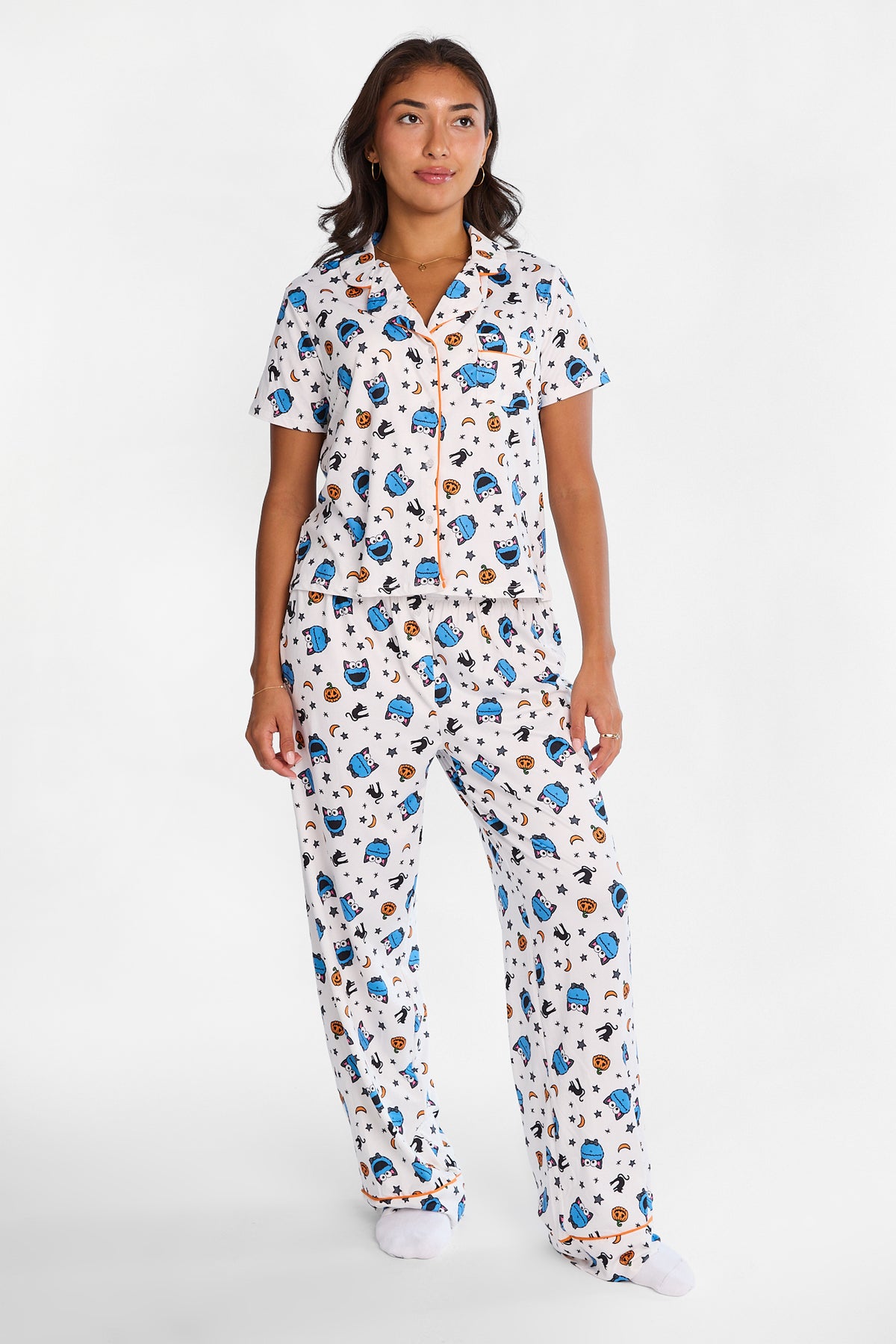 Cookie Monster Halloween Graphic Super Soft Pajama Dad Shirt & Pants 2-Piece Set
