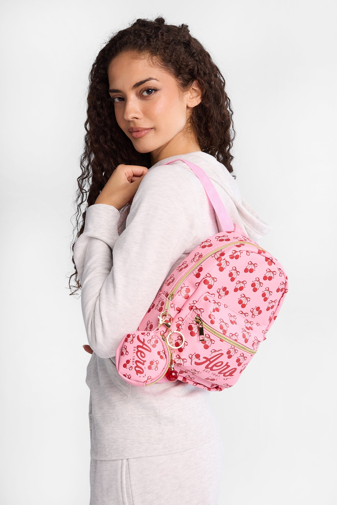 Mini sac à dos avec pochette à pièces et breloque cerises