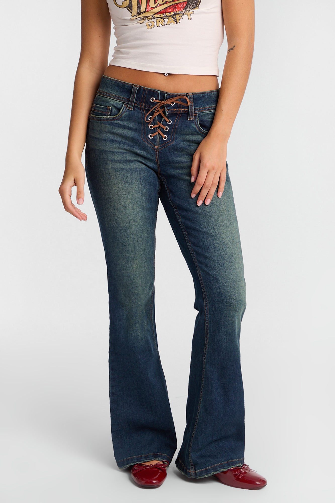 AERO Low Rise Vintage Wash Lace-Up Flare Jeans