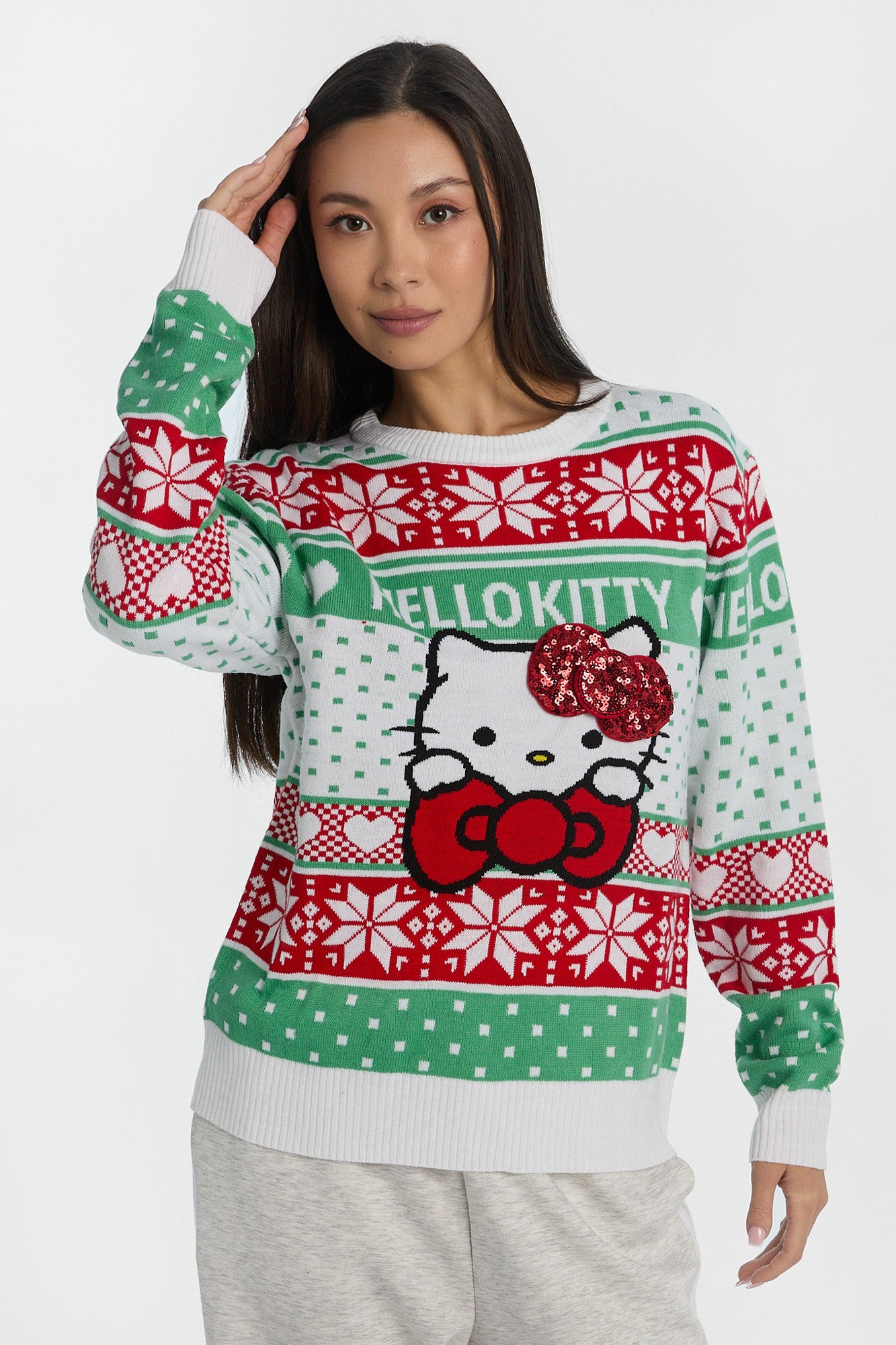 Hello Kitty Fair Isle Bow Graphic Crew Neck Sweater