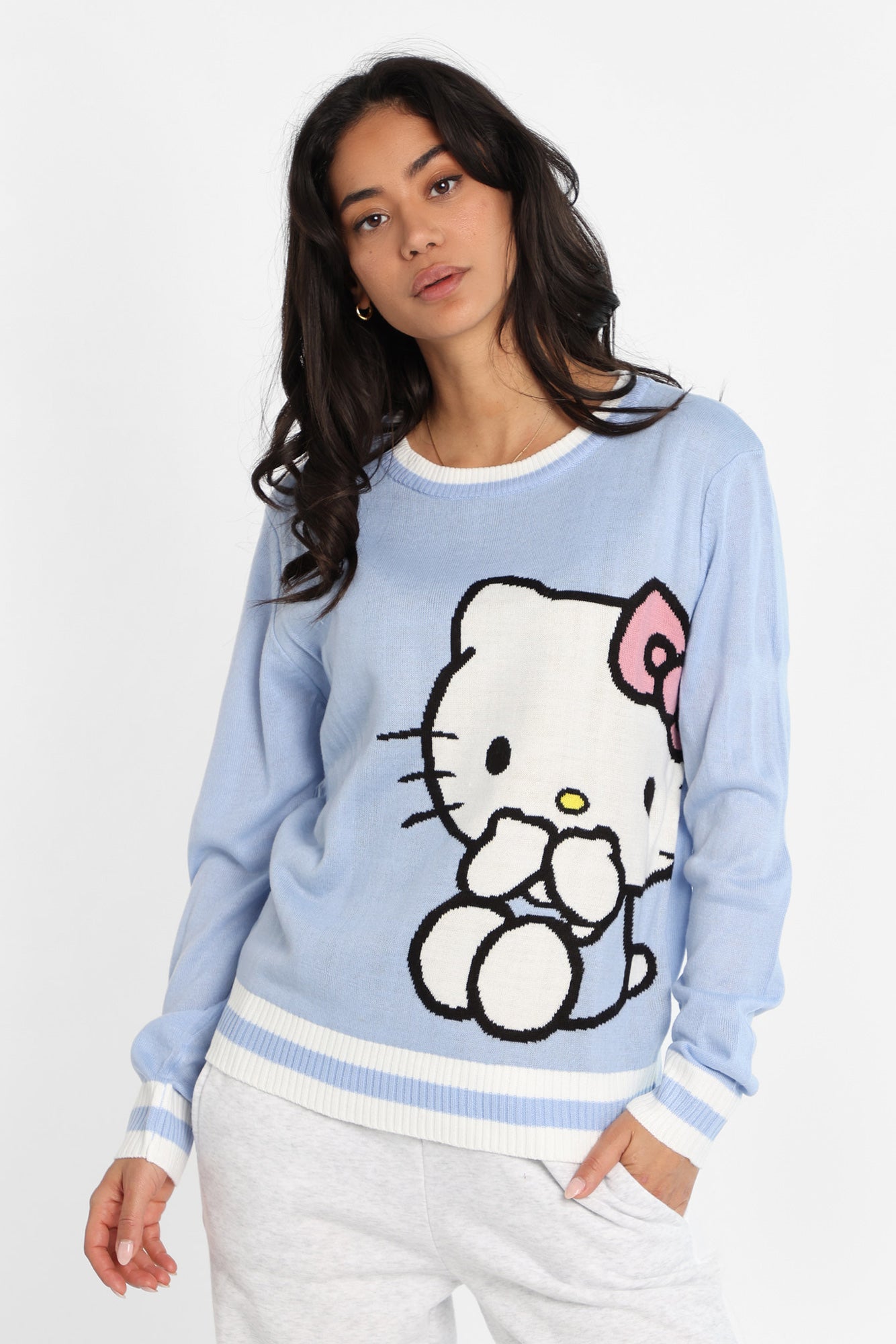 Hello Kitty Striped Graphic Crew Neck Sweater